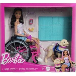 Mattel Barbie with Pink Wheelchair and Service Dog Set